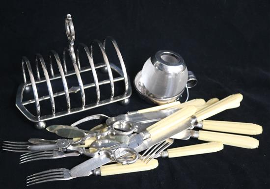 A silver mounted glass match tidy, a 19th century French silver taste vin and miscellaneous plated flatware.